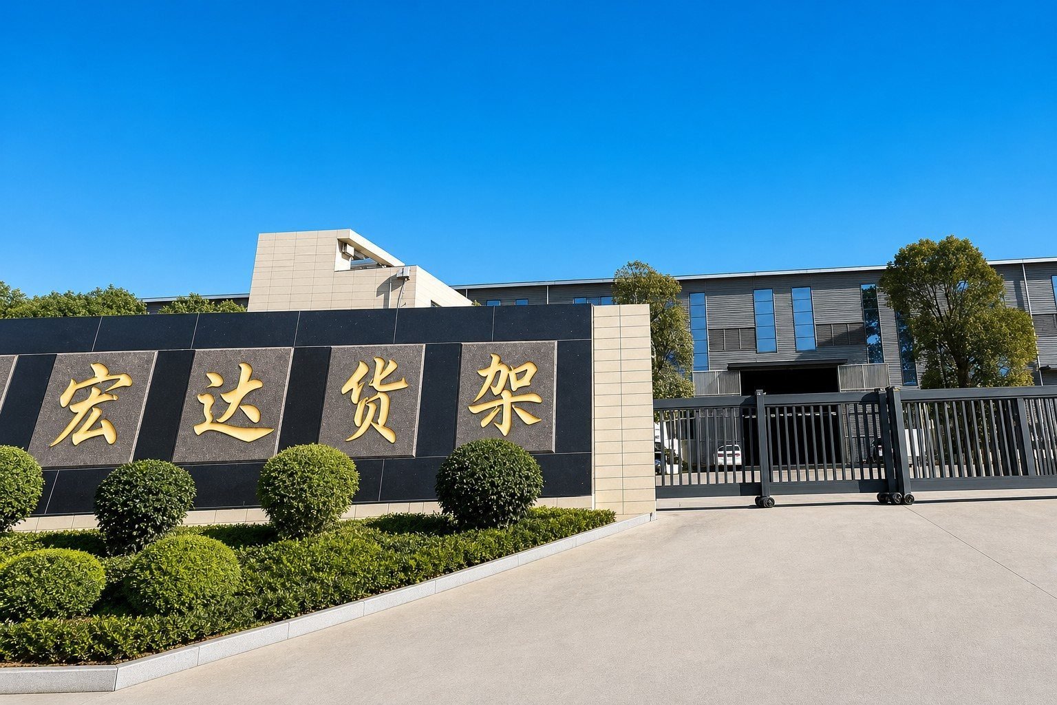 The Hongda Shelves plant gate, with the company name set in the entrance wall in Xiamen